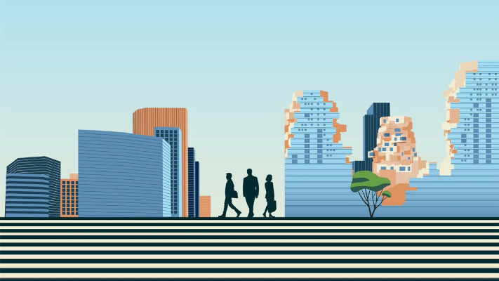 Busy market area with people walking and transportation services nearby